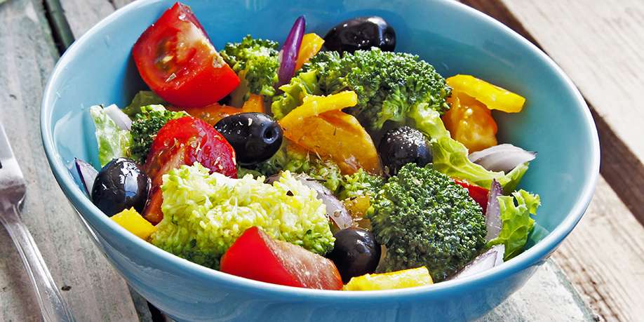 Broccoli and Tomato Salad with Olives, Peppers, and Pesto