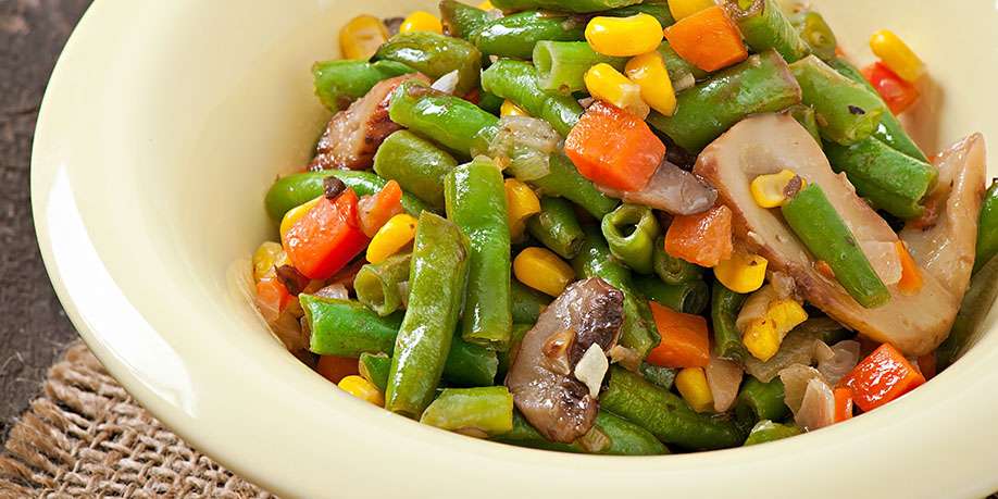 Green Beans Stewed with Mushrooms, Carrots and Corn