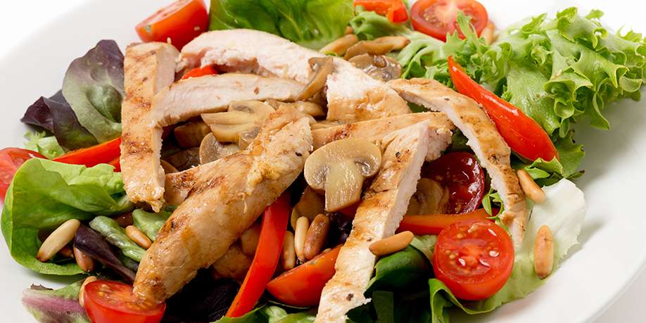 Grilled chicken, Mushroom and Vegetable Salad with Pine Nuts