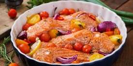 Pink Salmon Baked with Onions and Tomatoes