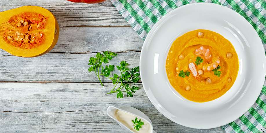 Pumpkin Soup with Chickpeas and Shrimp