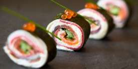 Salmon, Cream cheese, and Guacamole Sushi Roll