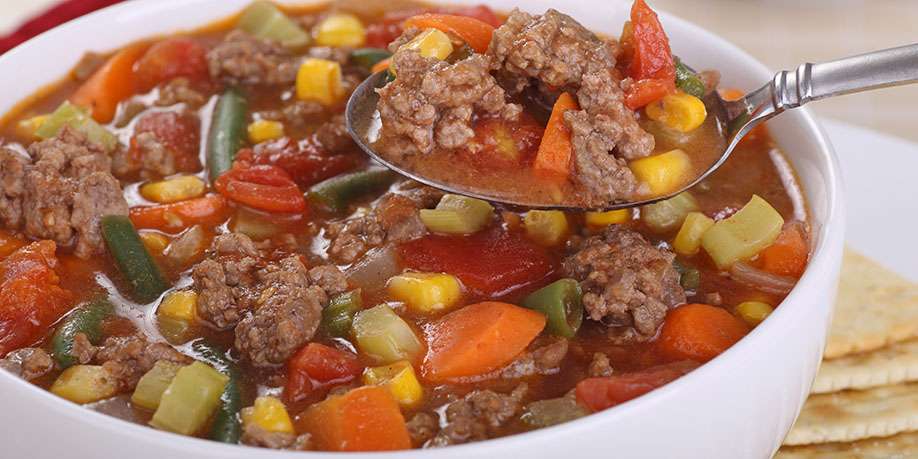 Soup with Beef and Baked Vegetables