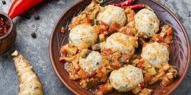 Steamed Chicken Meatballs with Jerusalem Artichoke in Vegetable Sauce